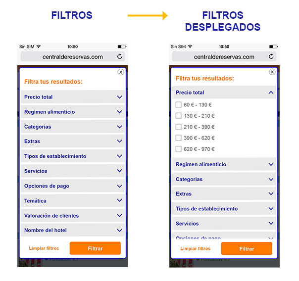 Filtros en una web móvil